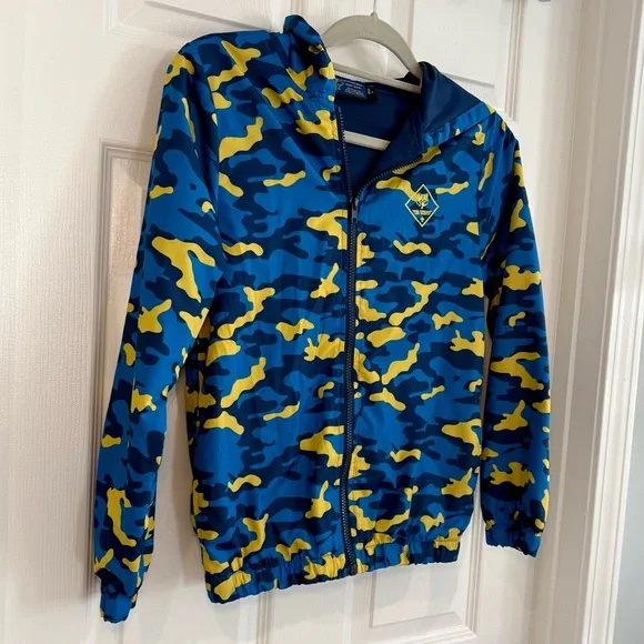 Cub Scout BSA Scouting Blue Gold Camo Hooded Windbreaker Jacket Coat Youth Sz L - Picture 7 of 14